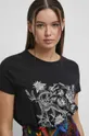 czarny T-shirt bawełniany damski z nadrukiem z domieszką elastanu kolor czarny