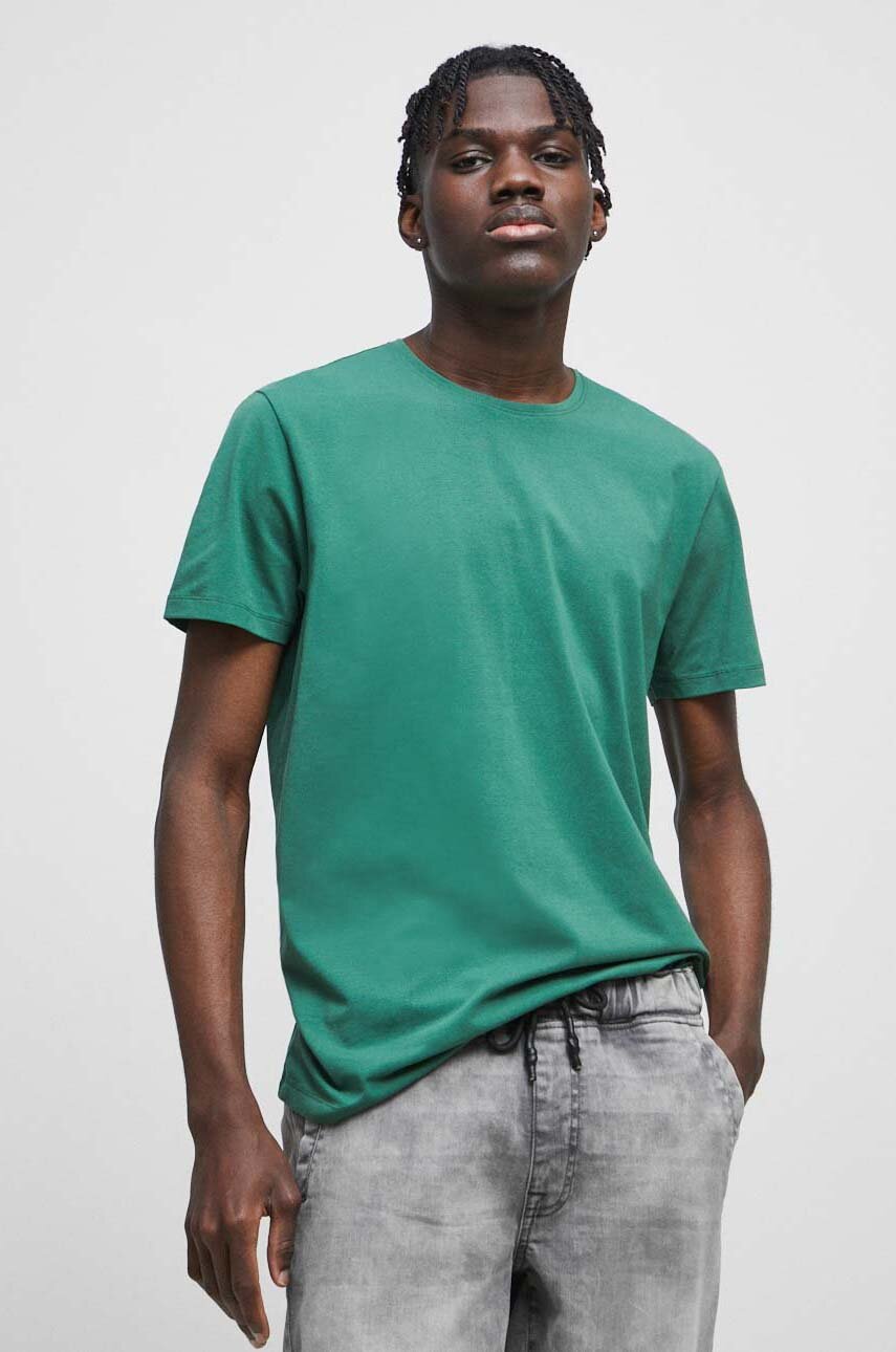 zielony T-shirt bawełniany męski gładki z domieszką elastanu kolor zielony