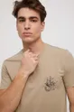 beżowy T-shirt bawełniany męski z nadrukiem z domieszką elastanu kolor beżowy