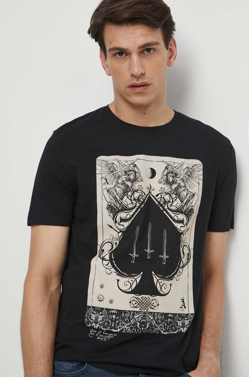 czarny T-shirt bawełniany męski z nadrukiem z domieszką elastanu kolor czarny