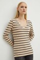Bavlněné tričko s dlouhým rukávem dámské s příměsí elastanu béžová barva béžová RS24.BUD010