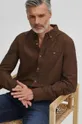 hnedá Ľanová košeľa pánska s golierom button-down hnedá farba
