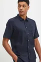 Ľanová košeľa pánska s klasickým goleriom hladká tmavomodrá farba Pánsky