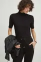 czarny T-shirt bawełniany damski z domieszką elastanu prążkowany kolor czarny