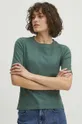 zielony T-shirt bawełniany damski z domieszką elastanu prążkowany kolor zielony