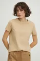 beżowy T-shirt bawełniany damski z domieszką elastanu kolor beżowy