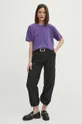 T-shirt bawełniany damski z efektem sprania kolor fioletowy fioletowy