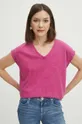 różowy T-shirt bawełniany damski z efektem sprania kolor różowy
