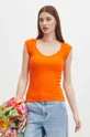 pomarańczowy T-shirt bawełniany damski z domieszką elastanu prążkowany kolor pomarańczowy