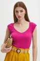 fioletowy T-shirt bawełniany damski z domieszką elastanu prążkowany kolor fioletowy