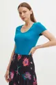 turkusowy T-shirt damski prążkowany z domieszką elastanu i modalu kolor turkusowy