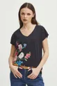 czarny T-shirt bawełniany damski z nadrukiem w kwiaty kolor czarny Damski
