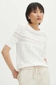 T-shirt bawełniany damski z domieszką elastanu ażurowy kolor beżowy beżowy RS24.TSD609