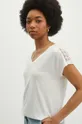 beżowy T-shirt lniany damski z ozdobnymi wstawkami kolor beżowy