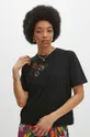czarny T-shirt bawełniany damski z domieszką elastanu z aplikacją kolor czarny