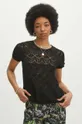 czarny T-shirt bawełniany damski ażurowy kolor czarny
