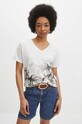 T-shirt bawełniany damski z domieszką elastanu wzorzysty kolor beżowy beżowy RS24.TSD711