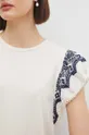 T-shirt bawełniany damski z domieszką elastanu z ozdobnym haftem kolor beżowy Damski