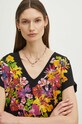 T-shirt bawełniany damski z domieszką elastanu w kwiaty kolor czarny czarny RS24.TSD901