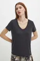 szary T-shirt damski z domieszką elastanu i modalu gładki kolor szary