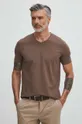 brązowy T-shirt bawełniany męski z domieszką elastanu gładki kolor brązowy