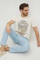 T-shirt bawełniany męski z nadrukiem kolor beżowy okrągły beżowy RS24.TSM607