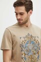 T-shirt bawełniany męski z nadrukiem kolor beżowy okrągły beżowy RS24.TSM607