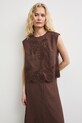 Bluzka damska z lnem z haftem brązowy RS26-BKD902