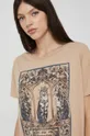 beżowy T-shirt bawełniany z nadrukiem damski beżowy