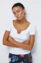 biały T-shirt bawełniany damski prążkowany z domieszką elastanu biały
