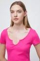 różowy T-shirt bawełniany damski prążkowany z domieszką elastanu różowy