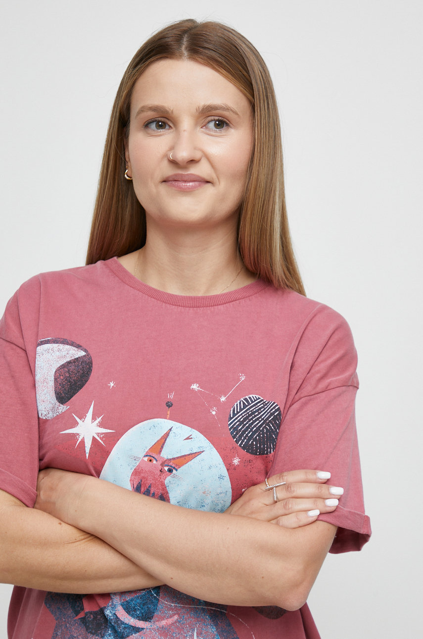 T-shirt bawełniany damski z kolekcji Psoty różowy Damski
