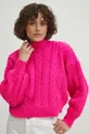 Sweter z domieszką wełny damski z fakturą kolor różowy różowy