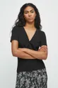 T-shirt bawełniany damski gładki z domieszką elastanu kolor czarny czarny