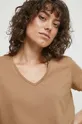 beżowy T-shirt bawełniany damski gładki z domieszką elastanu kolor beżowy