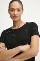 czarny T-shirt damski z ozdobną aplikacją kolor czarny