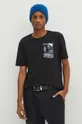 czarny T-shirt bawełniany męski z domieszką elastanu z nadrukiem kolor czarny