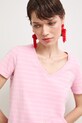 T-shirt bawełniany damski z elastanem w pasy różowy RW24-TSD043