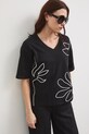 Bavlněné tričko dámské interlock s ozdobnou výšivkou černá RW25-TSD107
