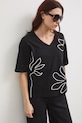 Bavlněné tričko dámské interlock s ozdobnou výšivkou černá RW25-TSD107
