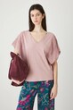 T-shirt bawełniany damski z ozdobnymi rękawami gładkie różowy RW25-TSD110