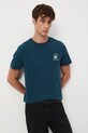 T-shirt bawełniany męski z ozdobnym haftem turkusowy RW25-TSM605