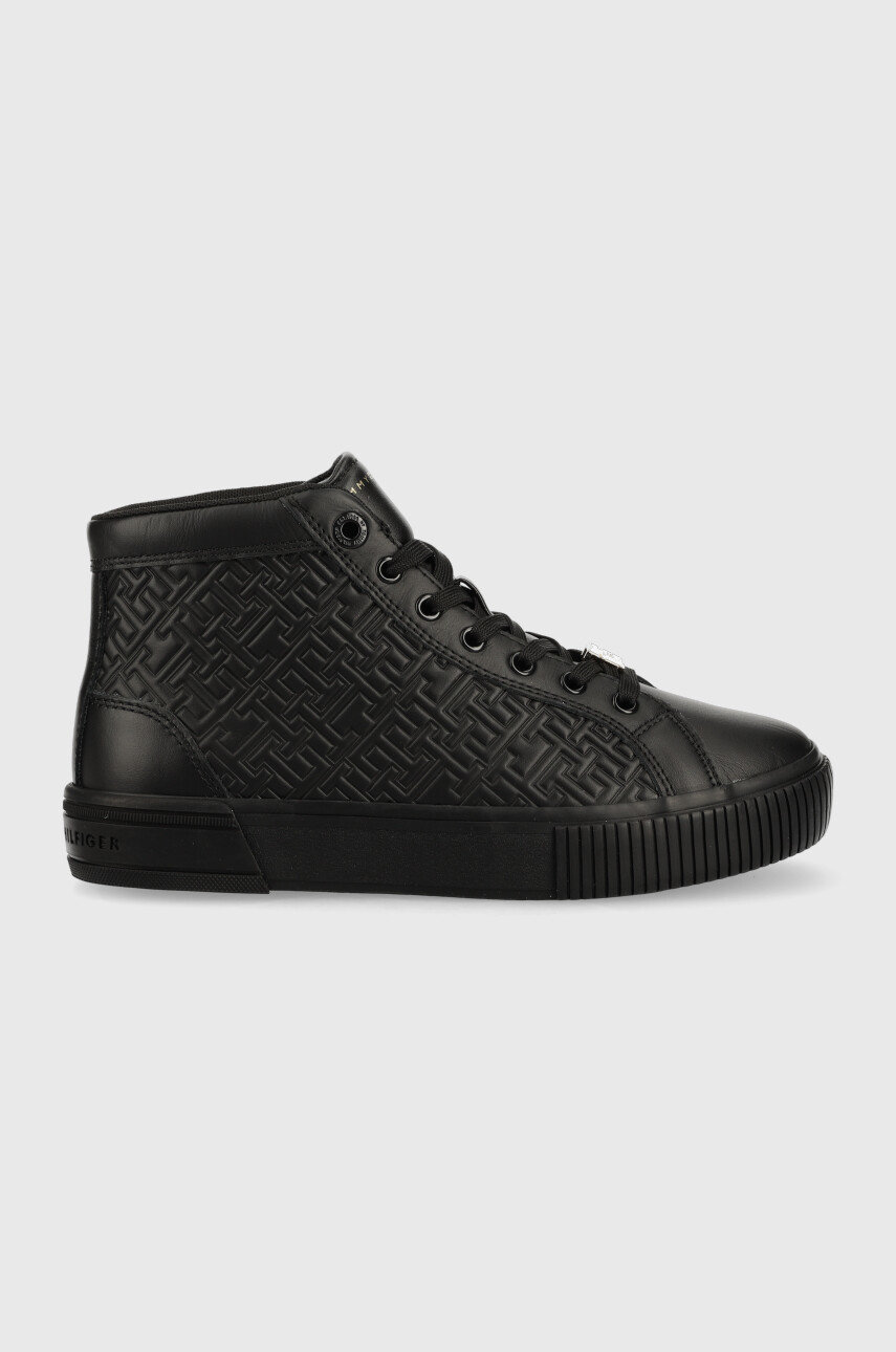 czarny Tommy Hilfiger sneakersy skórzane TH MONOGRAM LEATHER SNEAKER HIGH Damski