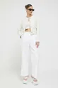 Λινό παντελόνι Abercrombie & Fitch λευκό