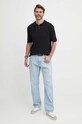 Sisley polo z domieszką lnu 104NS300G czarny SS24