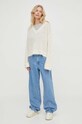 American Vintage sweter wełniany PULL ML COL V BYM18AE24 beżowy SS24