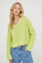 American Vintage sweter wełniany PULL ML COL V szpic zielony BYM18AE24