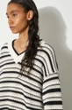 Памучен пуловер GANNI Striped Cotton Pointelle V-neck K2239 бял