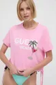 Хлопковая пляжная футболка Guess розовый