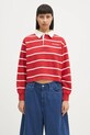 Sporty & Rich bluza bawełniana Serif Logo Cropped Rugby Polo wzorzyste czerwony ST008606300RE33